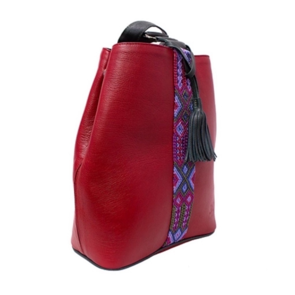 Women's Red Leather Backpack with Patterned Accent